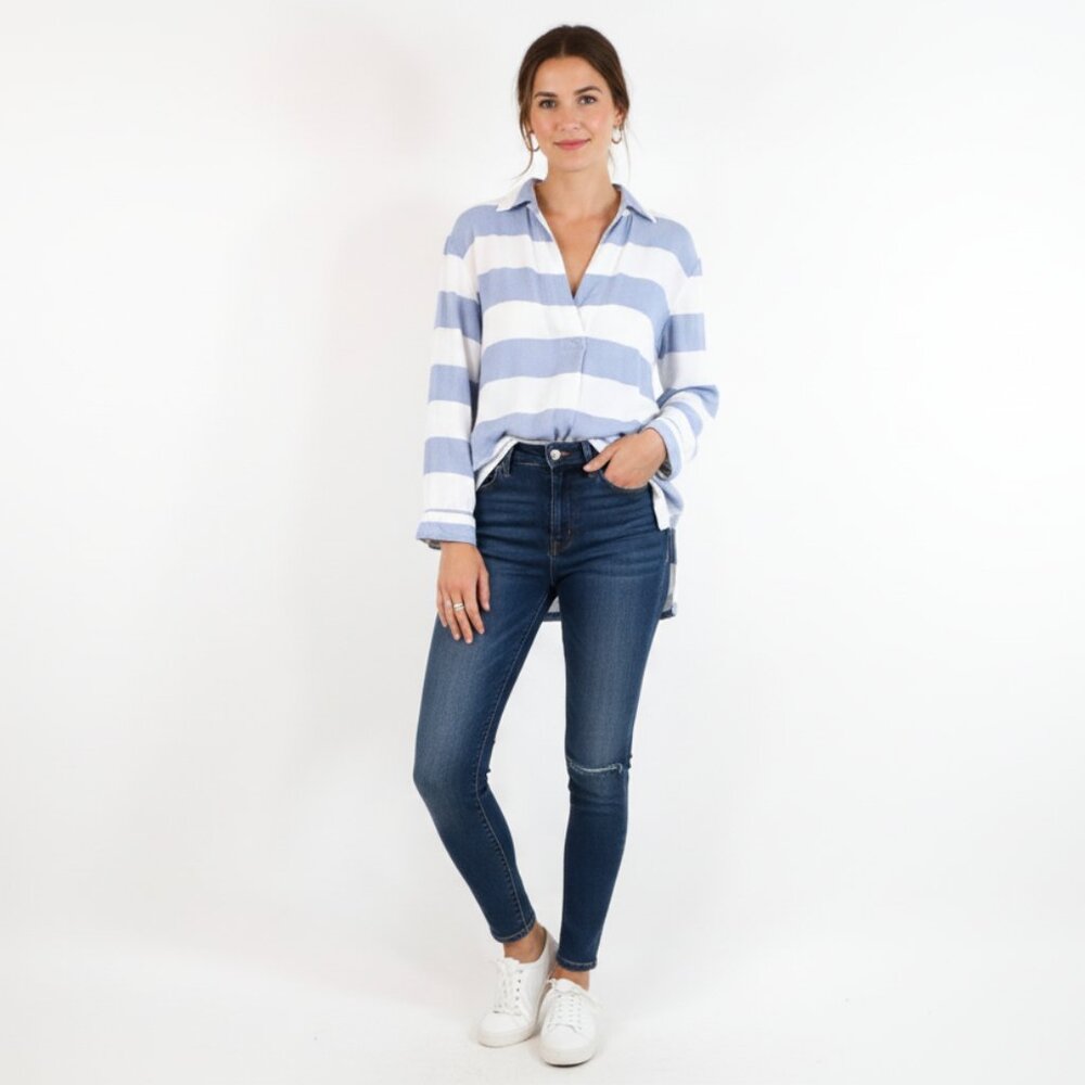 *Press Blue and White Long Sleeve Blouse